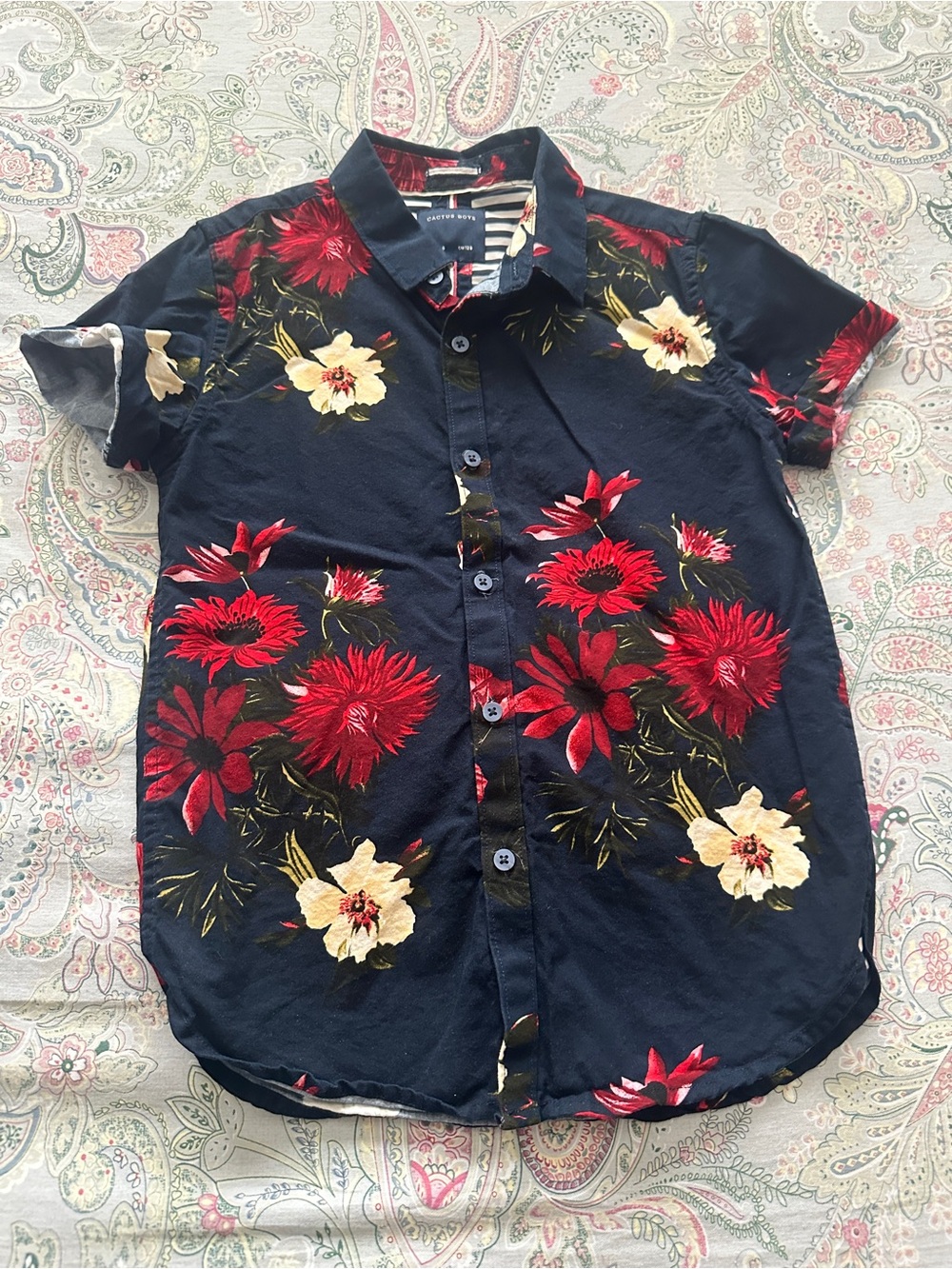 Cactus Navy Short-Sleeve Button-Down with Red & Cream Floral Print